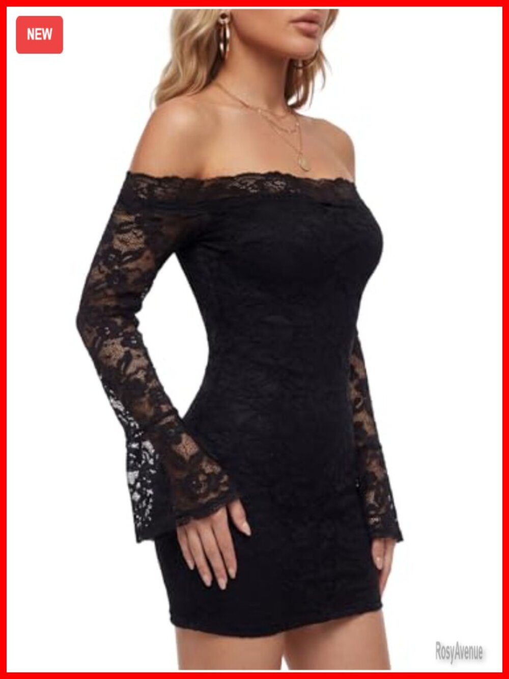 Floral Lace Off Shoulder Bell Long Sleeve Bodycon Mini Dress Club Night Out - Picture 4 of 7